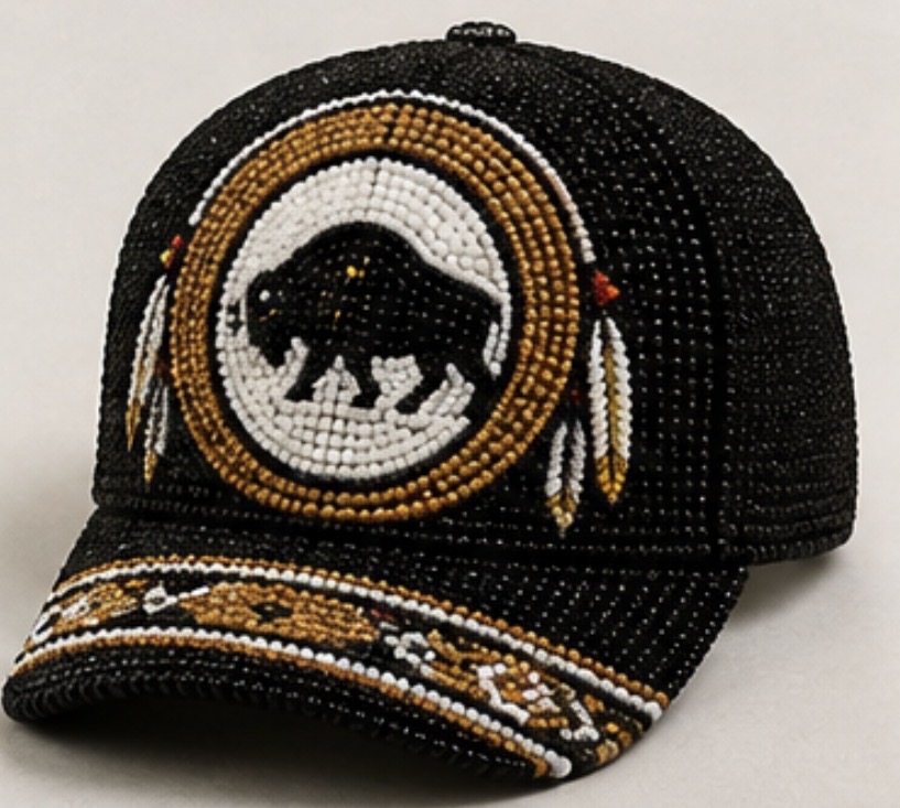 White Buffalo Medallion Cap — hand-beaded cap