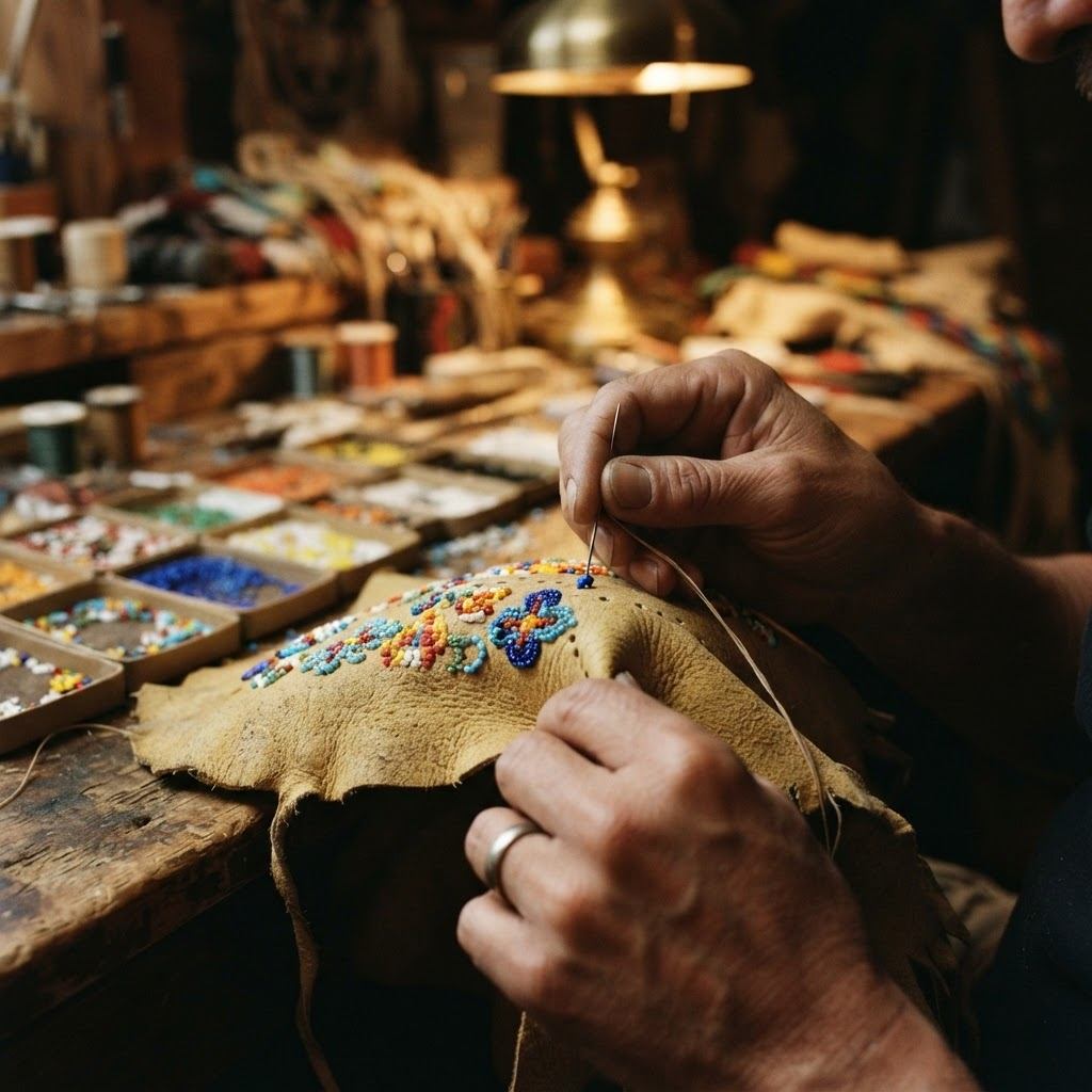 Hands stitching glass seed beads onto tan hide by lamplight